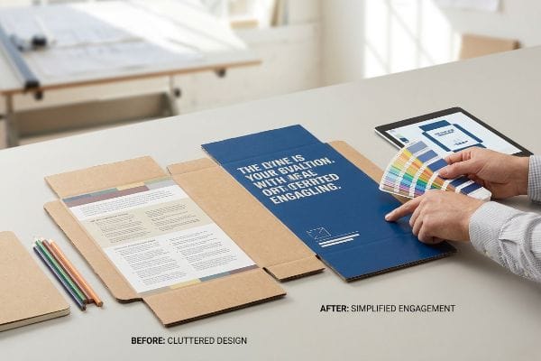 L'emballage brun « Design chargé » contraste avec la boîte bleue « Engagement simplifié ». Couleurs Pantone sélectionnées à la main.