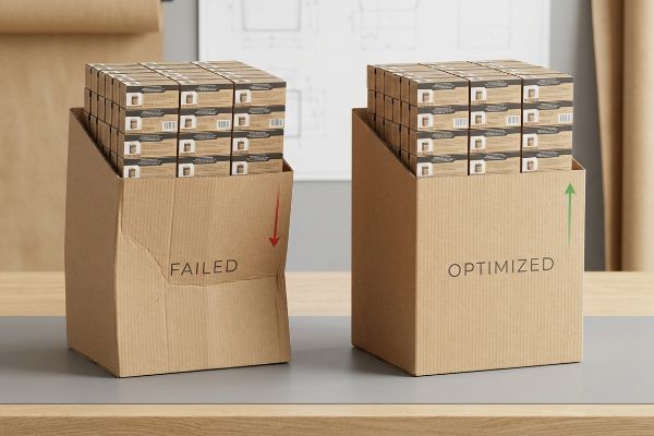 Two corrugated open-top bins, one 'Failed' with a red arrow showing collapse, the other 'Optimized' with a green arrow, highlighting structural integrity.