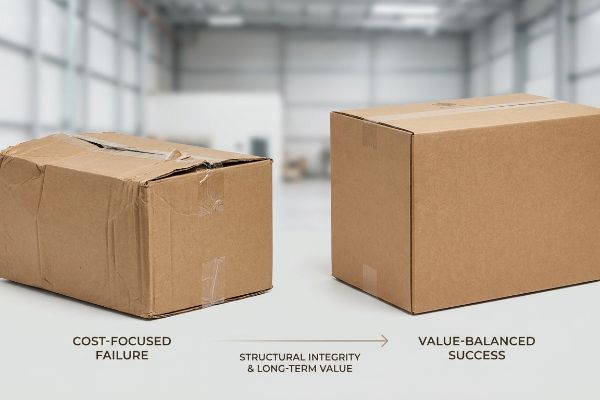 Damaged 'Cost-Focused Failure' box contrasts with pristine 'Value-Balanced Success' packaging, showing Structural Integrity.