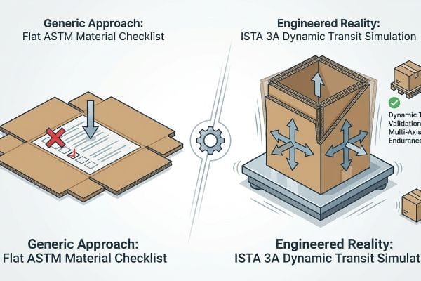 Illustration contrasts Generic Approach Flat ASTM Material Checklist in a cardboard box with an Engineered Reality ISTA 3A Dynamic Transit Simulation, showing multi-axis vibration.