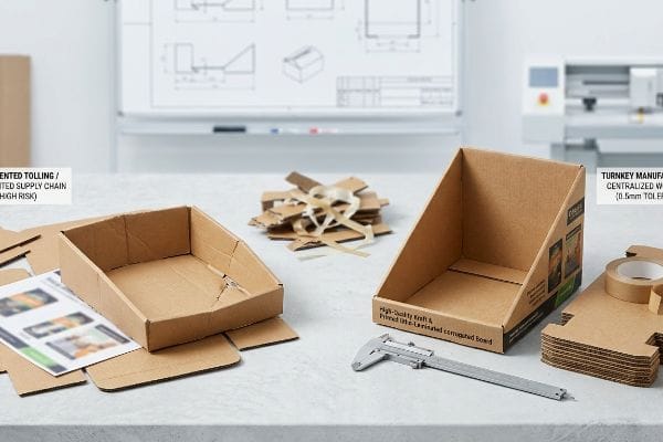 Kraft corrugated display trays, one assembled with 'High-Quality Kraft & Printed Litho-Laminated' text, alongside a caliper and design blueprints.