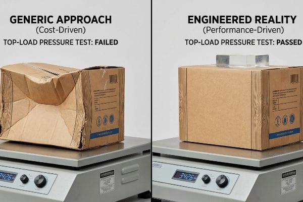 Crushed 'Generic Approach: Failed' box contrasts with intact 'Engineered Reality: Passed' box on scales.