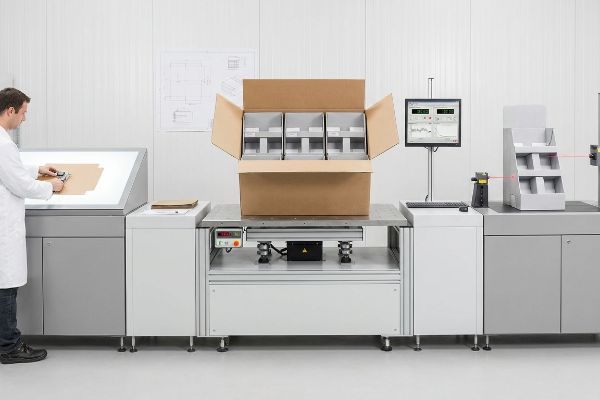 Cardboard master carton with gray inserts on a vibration test platform, while a technician inspects flat board.