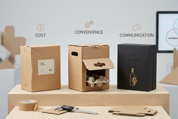 Brown corrugated Wine Carton, a convenience box with molded pulp insert, and a black Compé Wine box with gold foil, illustrating the 3 C's of packaging: Cost, Convenience, Communication, with a digital caliper.