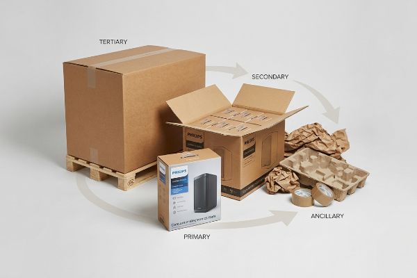 A Philips primary product box, secondary corrugated carton, tertiary shipping box on a pallet, and ancillary crumpled paper, molded pulp, and tape illustrate packaging types.
