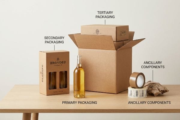 Primary glass bottle, Branded Hartemine secondary box, tertiary shipping boxes, and ancillary packing tape displayed on a wooden table.