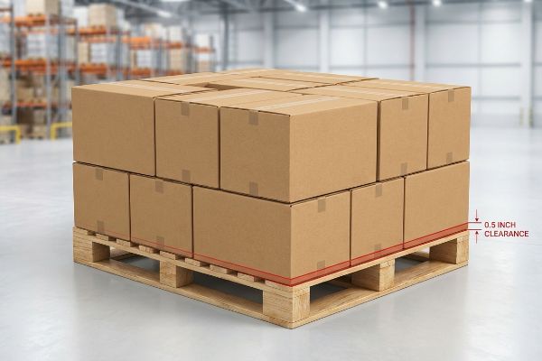 Brown corrugated boxes on a wooden pallet showing a 0.5 Inch Clearance, preventing carton overhang.
