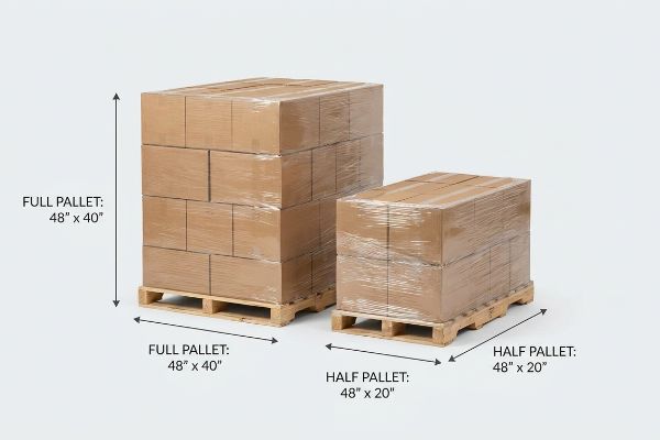 Wooden pallets with shrink-wrapped cardboard boxes, contrasting Full Pallet (48
