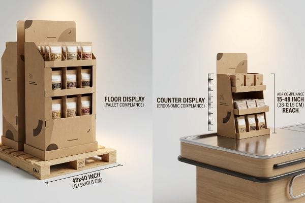Kraft cardboard floor and counter displays, showing 48x40 inch Pallet Compliance and 15-48 inch ADA Ergonomic Compliance.