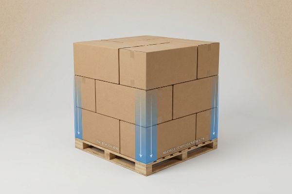 Brown corrugated boxes stacked on a wooden pallet, illustrating proper Pallet Alignment and Maximized Compression Strength with blue arrows.