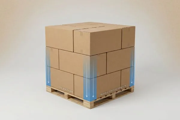 Brown corrugated boxes stacked on a wooden pallet, illustrating proper Pallet Alignment and Maximized Compression Strength with blue arrows.