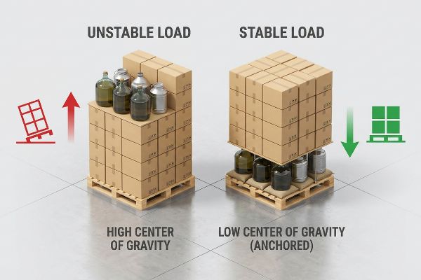 Deux palettes illustrent la stabilité de la charge : charge instable avec un centre de gravité élevé (objets lourds sur le dessus) et charge stable avec un centre de gravité bas (objets lourds ancrés à la base).