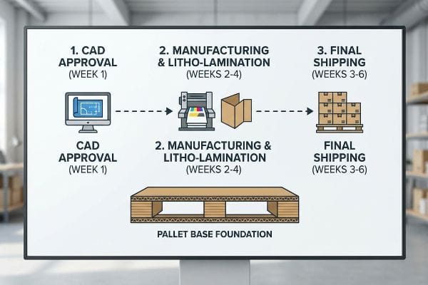 Pallet display stand manufacturing timeline: Cad Approval, Litho-Lamination, Final Shipping, and a corrugated Pallet Base Foundation.