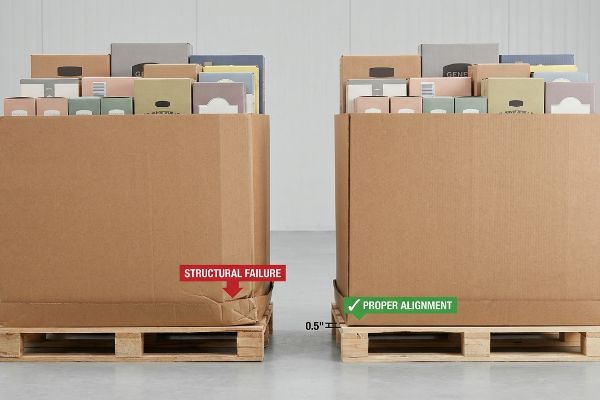 Corrugated pallet displays contrasting Structural Failure with Proper Alignment, highlighting a 0.5-inch base gap.