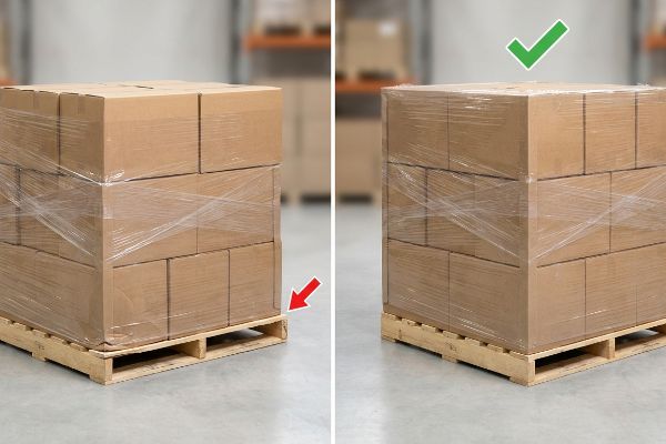 Pallet loading comparison: damaging box overhang (left) vs. correct zero-overhang for stability.