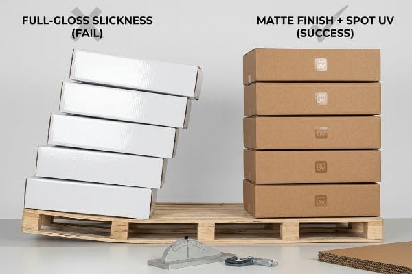フルグロス仕上げ(失敗)の白い箱がパレットの上で滑っている。その隣には、マット仕上げ+スポットUV加工(成功)の茶色の箱が安定して並んでいる。.