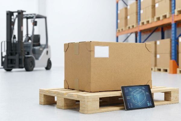 A large cardboard box on a wooden pallet with a tablet showing a 3D box blueprint, a forklift, and warehouse shelves, illustrating 3PL supply chain logistics.