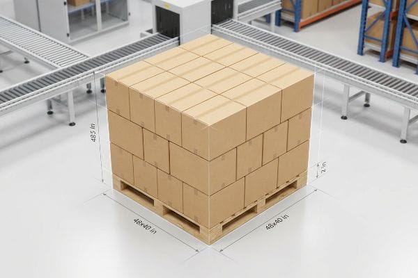 Pallet of cardboard boxes with 48x40 inch dimensions, 48.5 inch height, and 2 inch pallet gap.