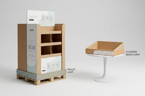 Corrugated cardboard retail displays: a floor unit on a pallet marked 'Pallet Limit' and a counter display on a table with a 'Counter Reach Limit' dashed line.