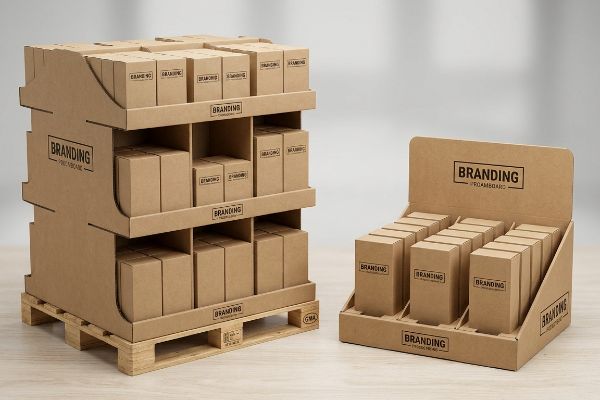 Kraft cardboard floor pallet display on a GMA pallet with Branding Foamboard boxes, alongside a smaller countertop POS tray.