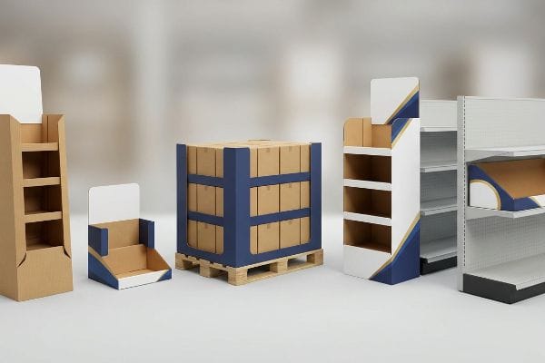 Kraft corrugated cardboard displays: a pallet unit, countertop merchandiser, and floor stands with blue and white branding.