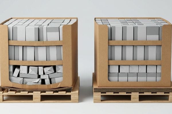 Présentoirs en carton ondulé brun sur palettes en bois, l'un s'affaissant dans les interstices du plancher, l'autre stable avec un plancher solide.