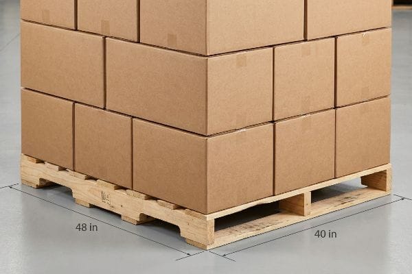 Brown corrugated cardboard boxes stacked on a wooden pallet, showing standard 48 in x 40 in dimensions for shipping.