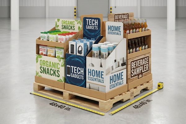 A corrugated point of purchase display on a GMA wood pallet, showcasing Organic Snacks, Tech Gadgets, Home Essentials, and Beverage Sampler, with 48x40 inch dimensions.