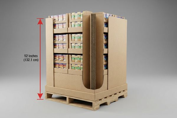Brown corrugated cardboard pallet display, 52 inches (132.1 cm) tall, featuring a robust double-wall spine on a wooden pallet.