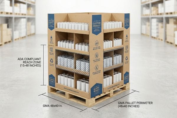 Cardboard pallet display unit on a GMA 48x40-inch pallet, highlighting ADA Compliant Reach Zone 15-48 inches, filled with white cans.