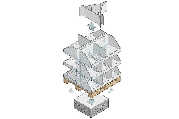 Exploded isometric view of a multi-tier corrugated retail pallet display, illustrating its structural engineering, assembly, and pallet integration.