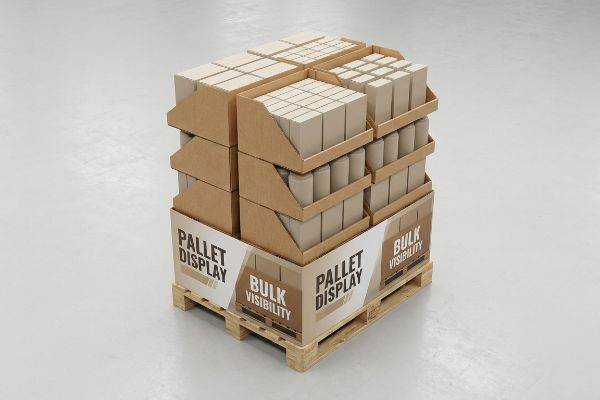 Full pallet display unit with unbranded cardboard boxes, labeled 'Pallet Display' and 'Bulk Visibility' for retail.