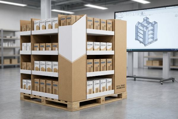 A retail-ready corrugated pallet display, featuring product boxes like Bamboo and Skindox, sits on a wooden pallet, with a 3D CAD model on a screen and 'Retail Ready Engineering' visible.