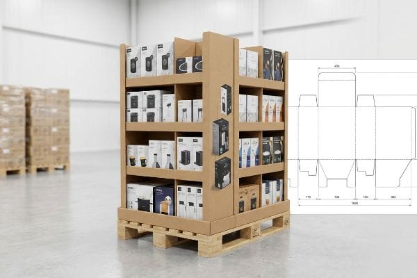 Brown corrugated free standing display unit on logistics pallets, filled with Nespresso, Sage, and Melitta products, next to a technical die-line.