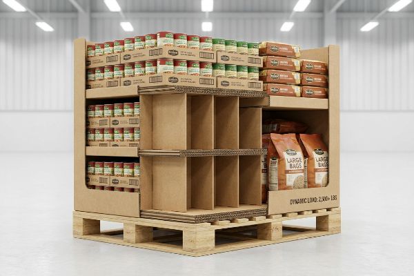 Corrugated pallet display, internal dividers, canned goods, Large Bags, wooden pallet. Dynamic Load: 2,500+ Lbs.
