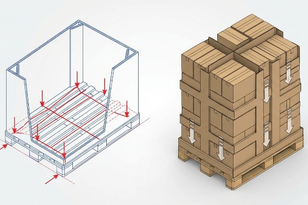 Illustrates structural engineering for pre-filled pallet displays, showing force distribution in a wireframe and a loaded corrugated merchandiser.