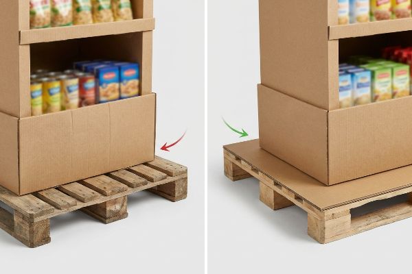 Corrugated display bases on wooden pallets, illustrating base sag over gaps (left) versus stable support with a corrugated slip sheet (right).