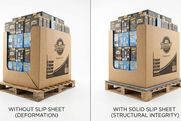 A comparison of two Reminar pallet displays: one without a slip sheet showing base deformation from pallet gap, and one with a solid slip sheet maintaining structural integrity.