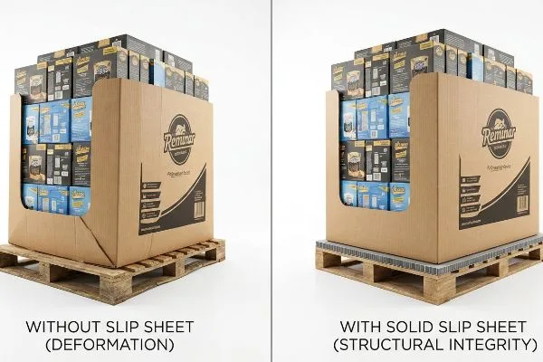 Slip Sheet Structural Integrity A comparison of two Reminar pallet displays: one without a slip sheet showing base deformation from pallet gap, and one with a solid slip sheet maintaining structural integrity.