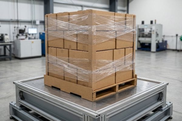 A pallet of shrink-wrapped corrugated boxes undergoes transit vibration testing on a specialized metal platform in a warehouse.