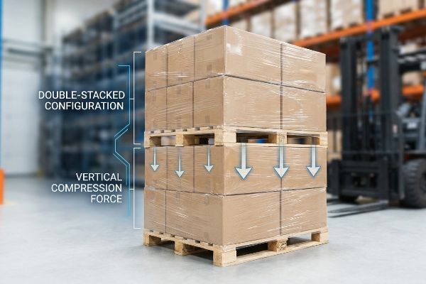 Cardboard boxes on wooden pallets demonstrate Double-Stacked Configuration with Vertical Compression Force, crucial for freight.