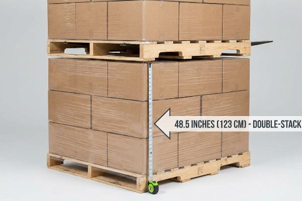 Shrink-wrapped cardboard boxes on two stacked shipping pallets, measured at 48.5 inches (123 cm) for Double-Stack.