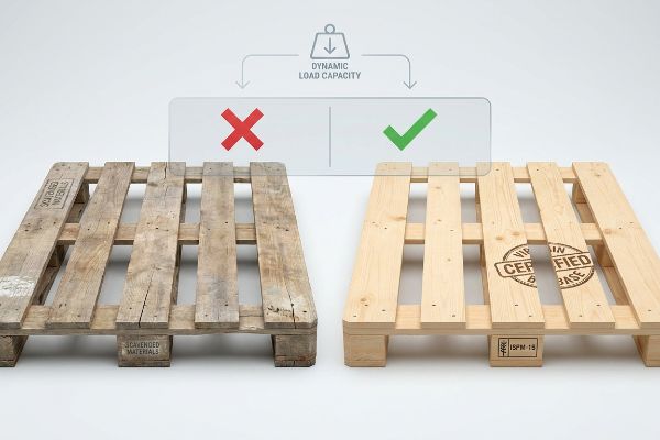 Two pallets, old 'Scavenged Materials' with red X, new 'Virgin Certified Base' with ISPM-15 and green check, showing dynamic load capacity.