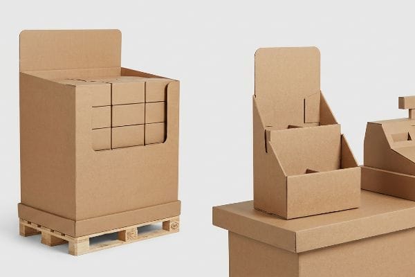 ユーロパレット上に設置された、ナチュラルクラフト段ボール製のフロアディスプレイと、その横に設置された小型のPOSレジカウンター用ディスプレイ。.