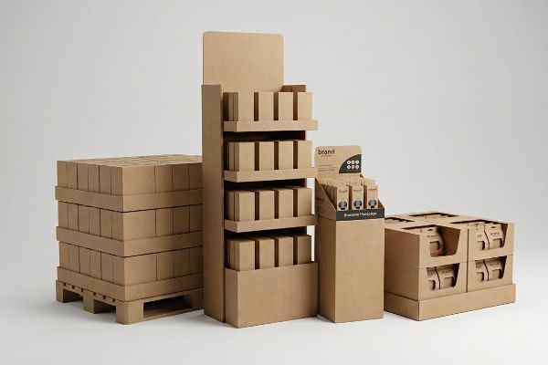 Kraft corrugated cardboard displays feature a pallet configuration of boxes, a multi-shelf floor unit, a 'brand' countertop merchandiser, and shelf-ready trays.