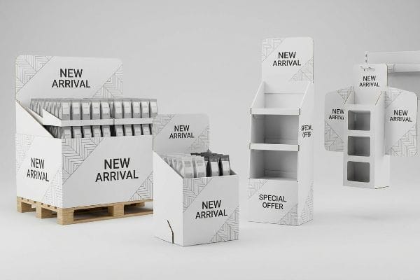 White POP displays: pallet build, floor stand, countertop, sidekick, all with 'New Arrival' and 'Special Offer' text.