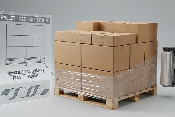 Pallet Load Unitization diagram with 48x40 Inch Alignment Flush Loading next to stretch-wrapped cardboard boxes.