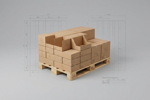 EUR EPAL pallet with brown corrugated boxes, showing fractional pallet geometry and design blueprints.