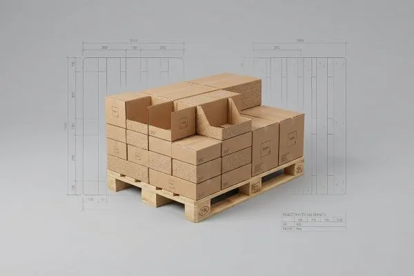 Fractional Pallet Geometry EUR EPAL pallet with brown corrugated boxes, showing fractional pallet geometry and design blueprints.