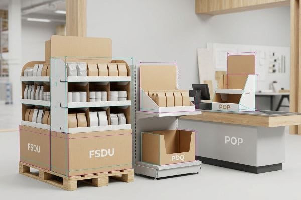 وحدة عرض من الورق المقوى على منصة خشبية، ووحدة رفوف PDQ، ووحدة عرض منتجات POP للعرض في متاجر البيع بالتجزئة.